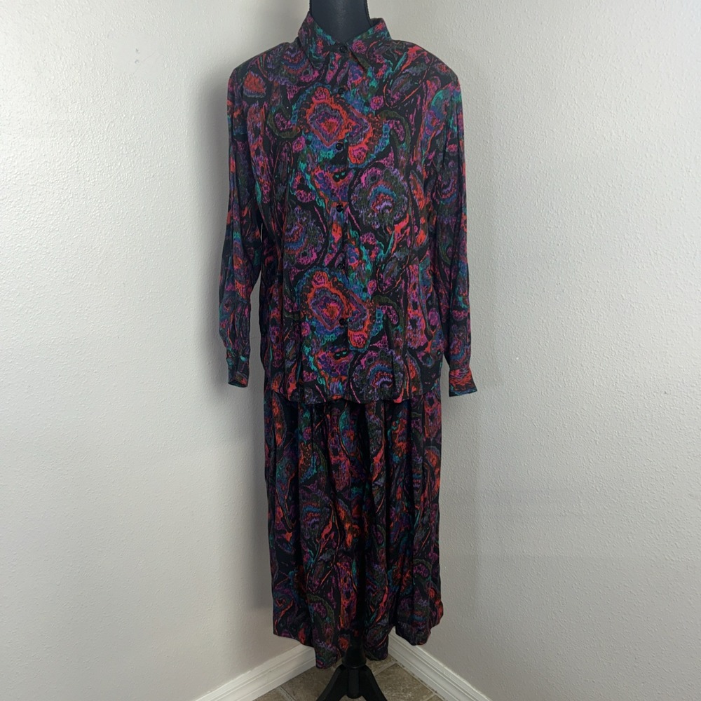 Vtg Oscar de la Renta Blouse & Maxi Skirt Women's L/M Multicolor‎ Floral Retro